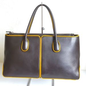 TOD'S Classic Tote Bag Dark Brown & Mustard Piping